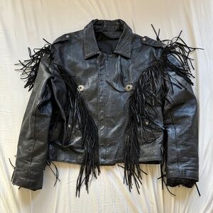 Vintage Black Fringe Leather Motorcycle Jacket SZ 58